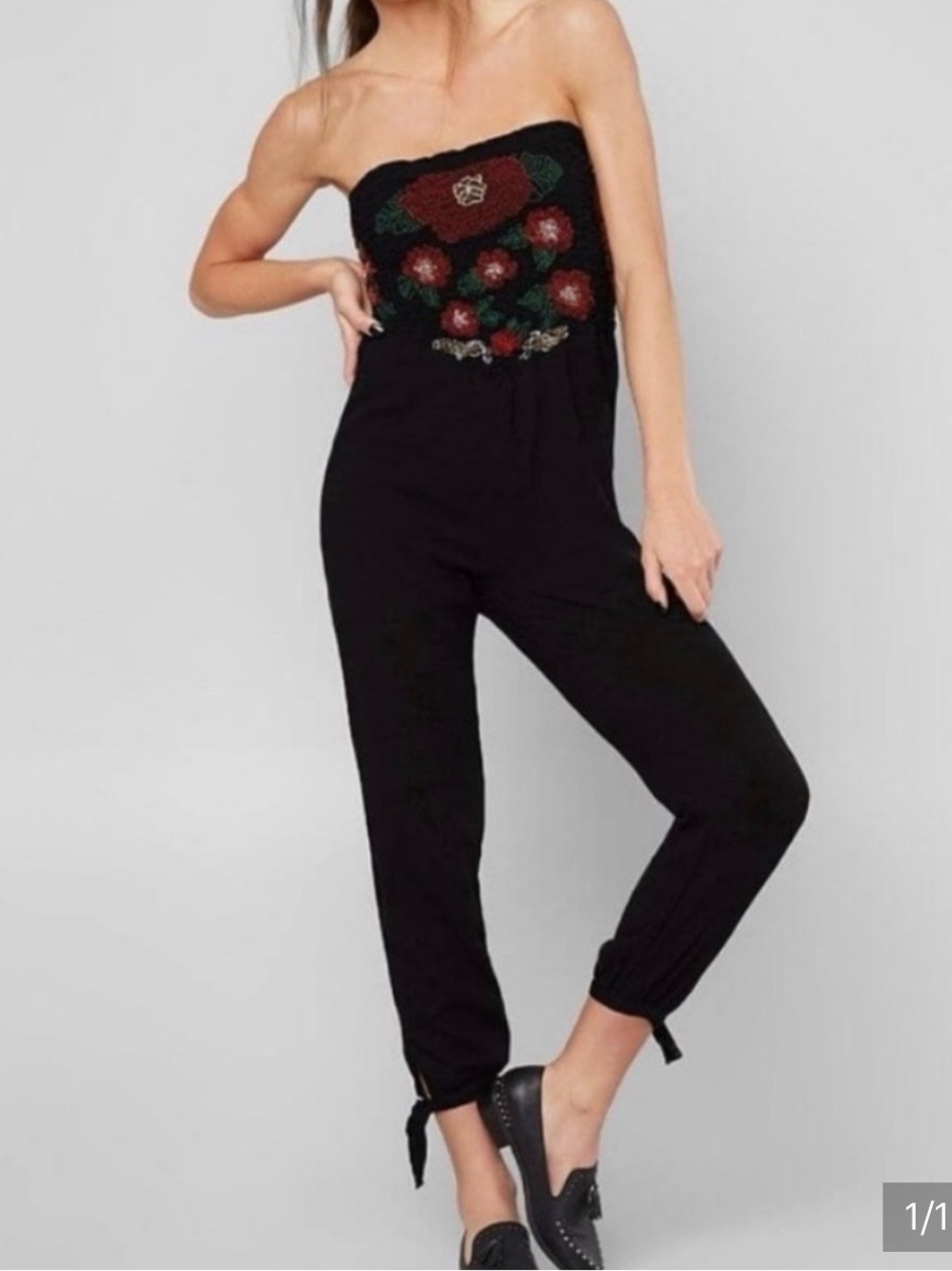 Free People Black Strapless Jumpsuit with Floral Embroidery
